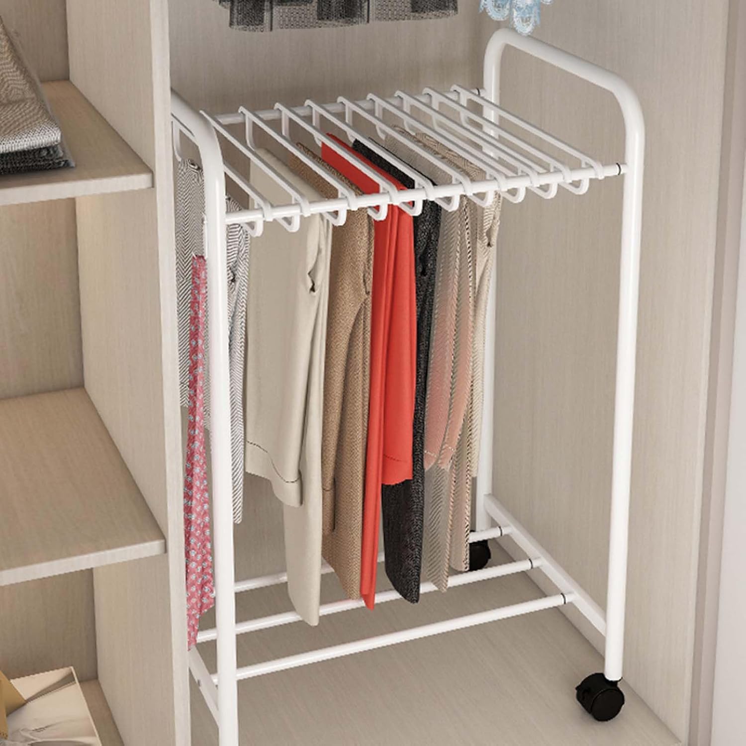 Expandable Metal Garment Rack Trolley - Floor Standing Pants Hangers with Pull-Out Trousers Shelf for Jeans & Skirts - Rolling Closet Organizer for Clothing Storage