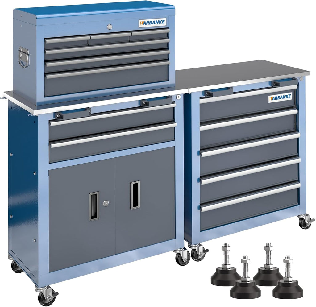 LARBANKE 5-Drawer Tool Chest & 8-Drawer Tool Cabinet with Stainless Steel Countertop, Locking System & Connection Buckle,Cabinet Featuring 360° Swivel Wheels with Brakes&Foot Pads,Blue