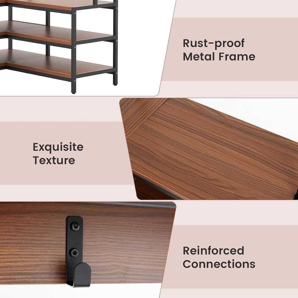Giantex Corner Coat Rack with Shoe Bench, L-Shaped Garment Rack with 5 Shelves & 7 Hooks, Heavy Duty Freestanding Clothes Racks Entryway Bench with Shoes Organizer for Hallway (Walnut & Black)