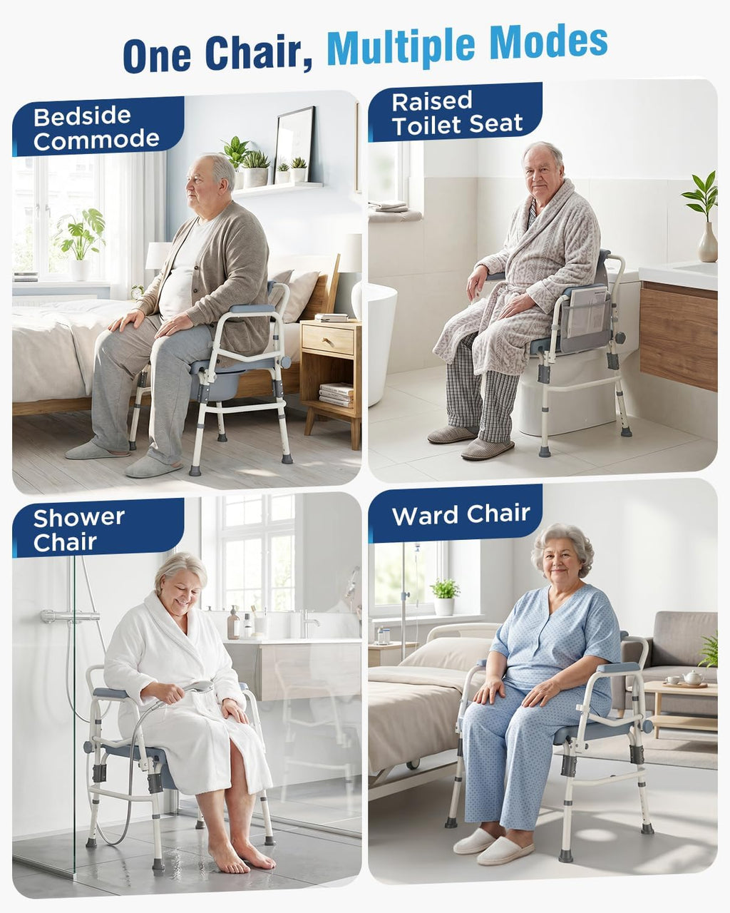 4-in-1 Bariatric Bedside Commode, 1000lbs Heavy-Duty Shower Chair, Drop Armrests, Robust Carbon Steel, 5 Adjustable Height Portable Toilet, Extra-Wide Seat, Raised Toilet Seat for Seniors