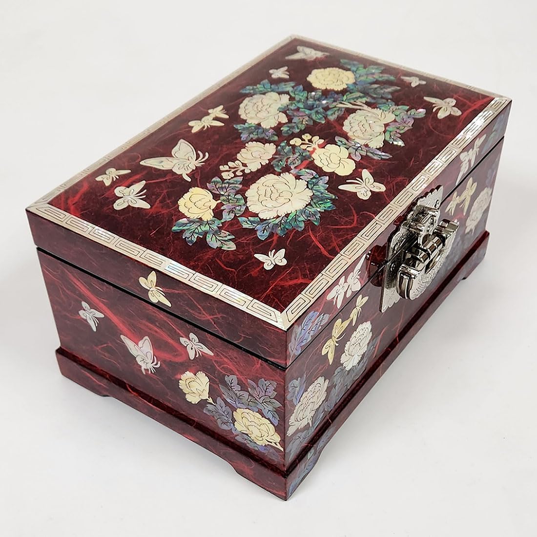 Antique Alive Mother of Pearl Inlay Design Jewelry Box, Wood Jewelry Box, Trinket Case, Keepsake Treasure Chest Box Organizer Holder (Peony Flower)