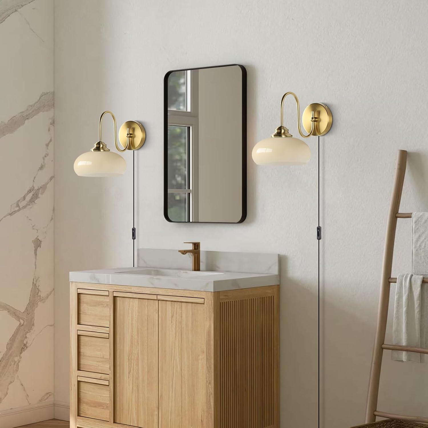 KCO Lighting Small Yellow Glass Wall Sconces Plug in Goose Neck Wall Light Vintage Brass Gold Wall Sconces Set of Two Mid Century Wall Lighting for Bathroom Stairway