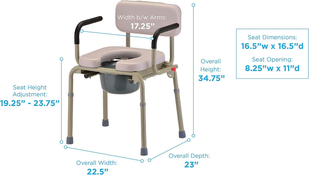 NOVA Medical Products Drop Arm Commode with Padded Seat and Back, Drop Down Arms for Easy Transfer, Stand Alone Bed Side Commode and Over The Toilet Commode, Comes with Bucket, Lid and Slash Guard Gray 1 Count