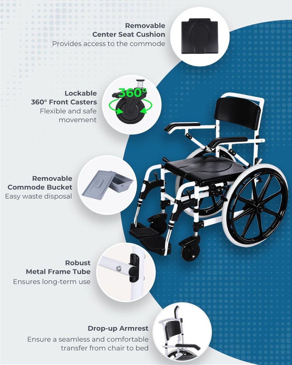 Self-Propelled Shower Wheelchair, Bedside Commode Chair with 22' Wheels, Bathroom Wheelchair for Inside Shower, Swivel Armrests, Waterproof Transport Wheelchair for Disabled&Elderly, 300LBS