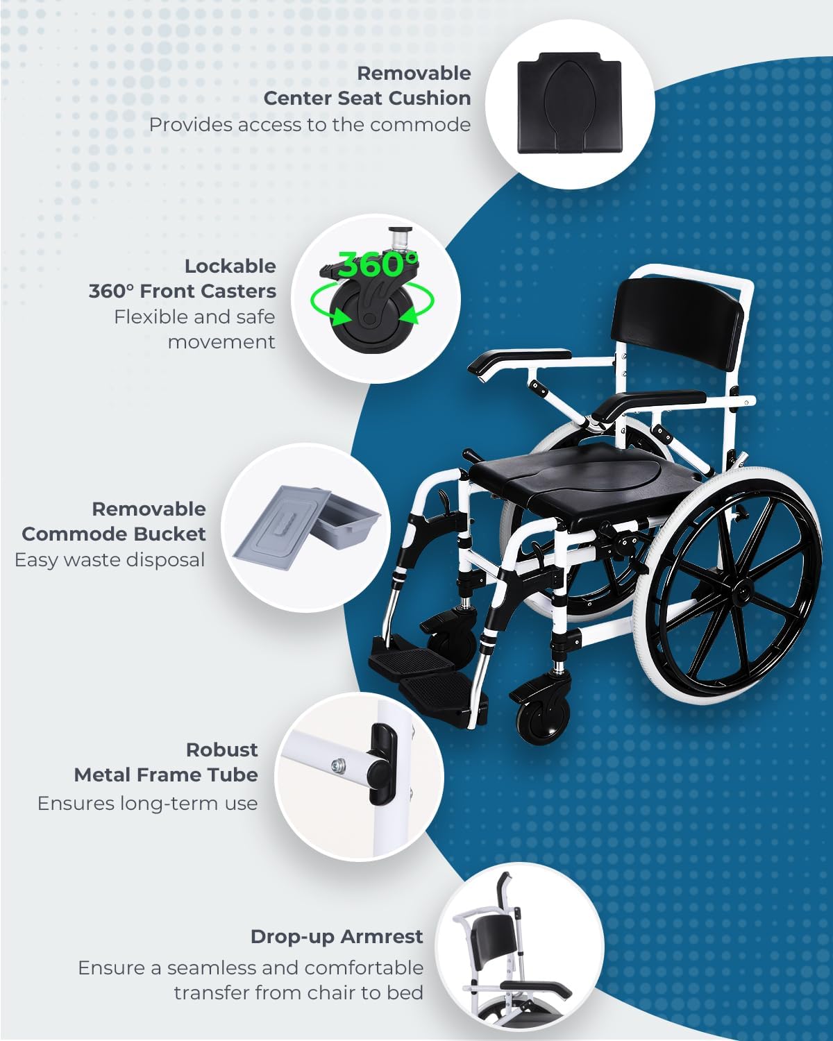 Self-Propelled Shower Wheelchair, Bedside Commode Chair with 22' Wheels, Bathroom Wheelchair for Inside Shower, Swivel Armrests, Waterproof Transport Wheelchair for Disabled&Elderly, 300LBS