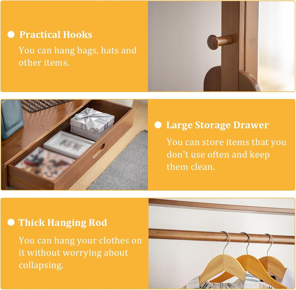 Bamboo Garment Rack with Mirror and Drawer,Floor Standing Closet Organizers,Coat Rack,Open Wardrobe for Entryway Bedroom Livingroom