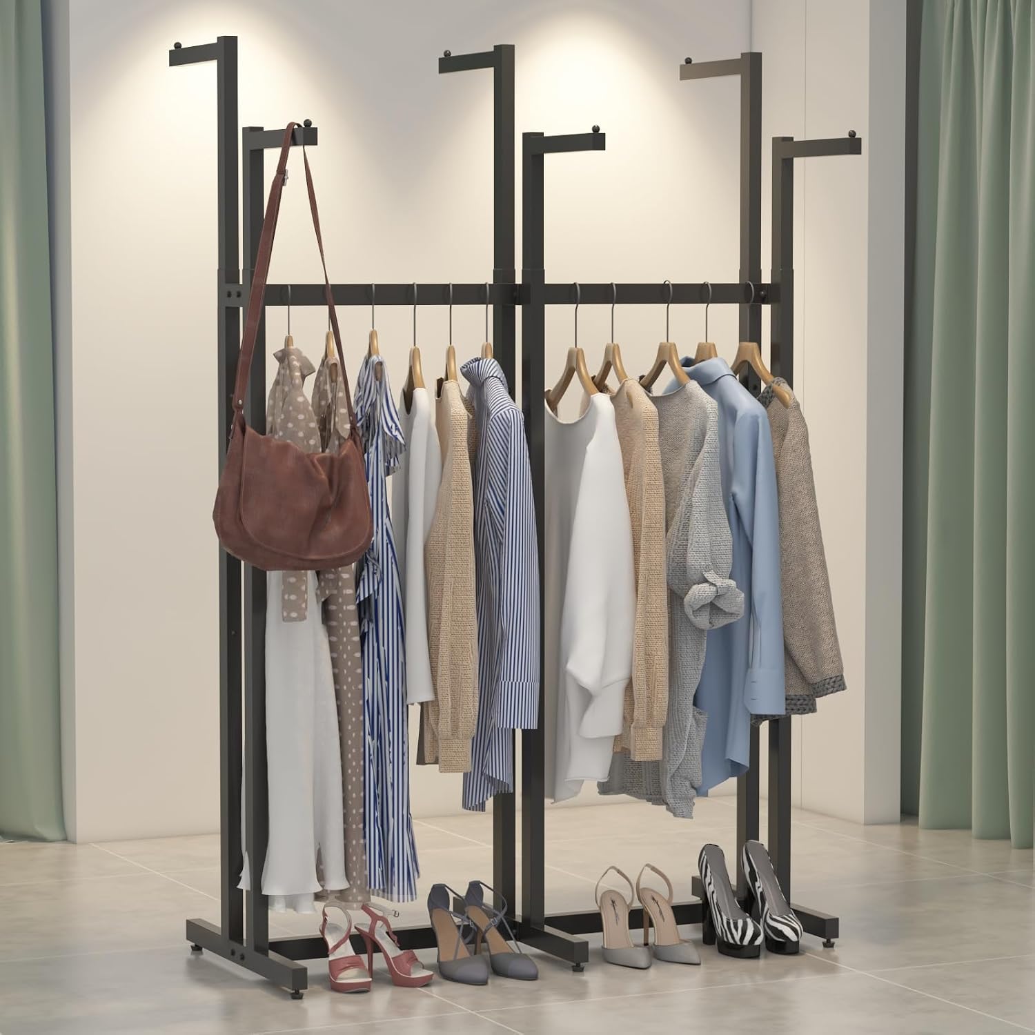 Black Clothes Rack with 6 Straight Arms, Metal Clothing Rack for Hanging Clothes, Freestanding Garment Rack Heavy Duty, 46' to 63' Adjustable Height Retail Clothing Rack for Boutiques Display