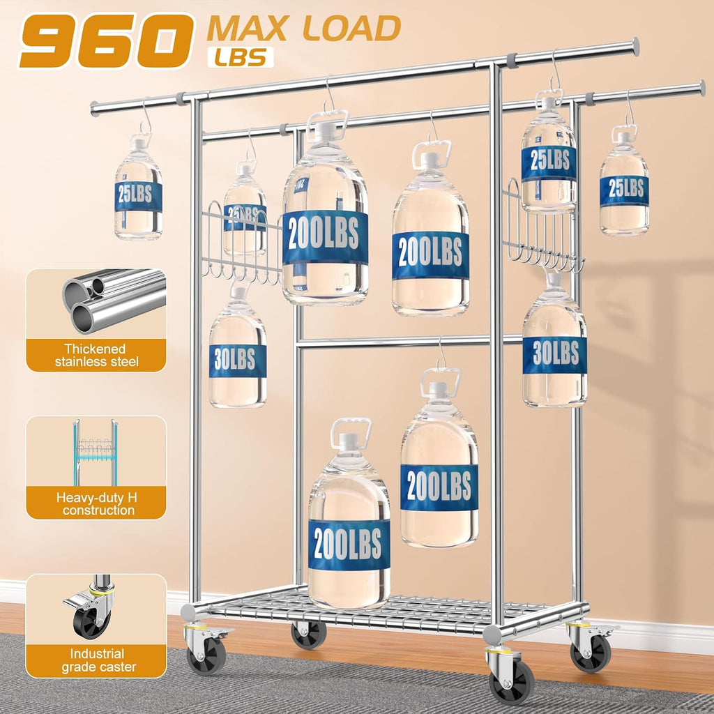 Stainless Steel Heavy Duty Clothes Rack Load 960LBS, Freestanding Garment Racks with Three Rods for Hanging, Rolling Clothing Rack with 360° Wheels for Bedroom Laundry Commercial
