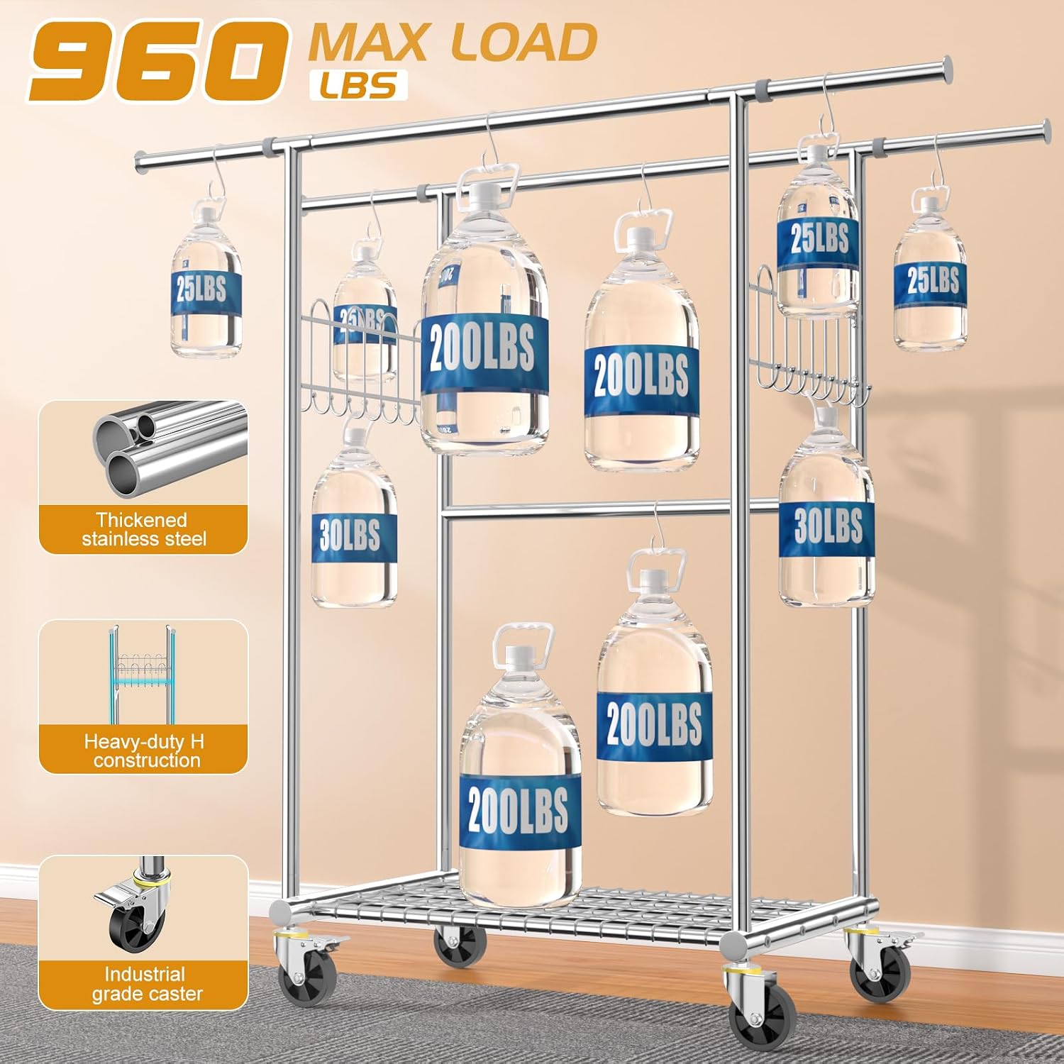 Stainless Steel Heavy Duty Clothes Rack Load 960LBS, Freestanding Garment Racks with Three Rods for Hanging, Rolling Clothing Rack with 360° Wheels for Bedroom Laundry Commercial