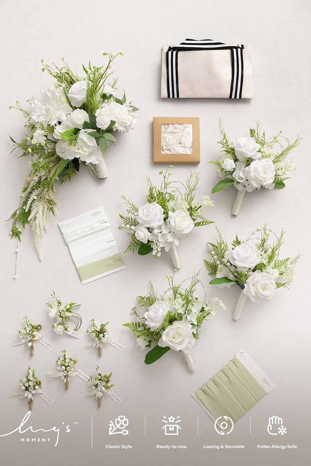 Ling's moment Wedding Artificial Flowers Package, Bridal Bouquet, Bridesmaid Bouquets, Boutonniere for Men, Rose Petals.Lily Valley White