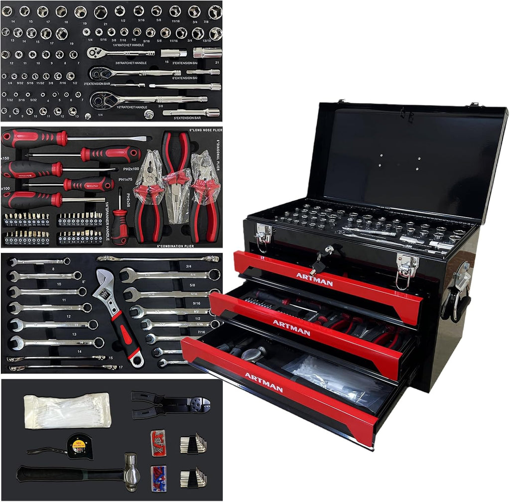 3 Drawer Tool Chest 439-Piece Mechanics Tool Set with Lock, Portable Household Tool Kit Heavy Duty Metal Tool Box for Garage, Warehouse,Workshop and Auto Repair (Red)