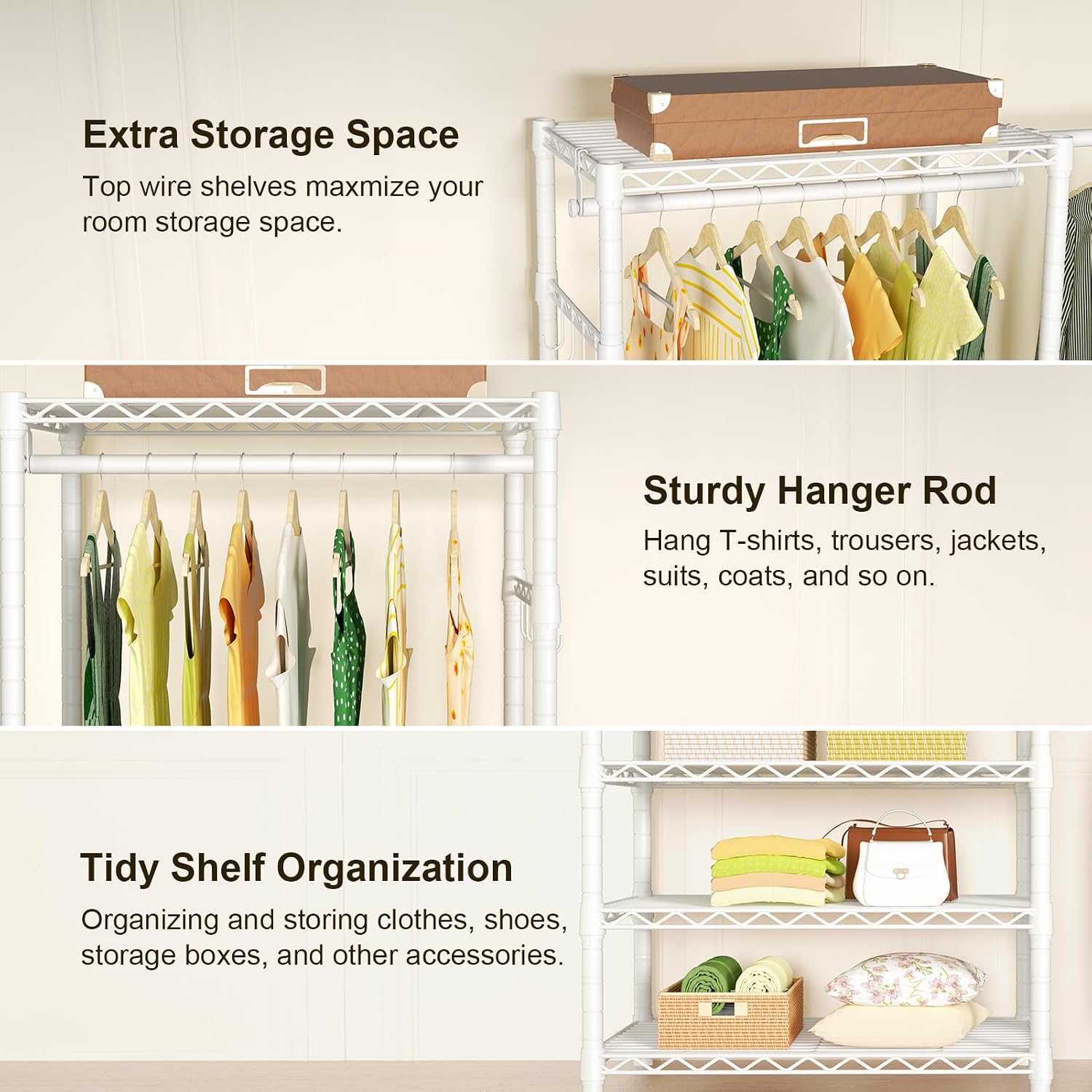 Ulif E1 Heavy Duty Closet Garment Rack, 6 Tiers Adjustable Metal Freestanding Expandable Clothing Storage with 4 Hanger Rods, Easy to Assemble Wardrobe, 71.4' H x (70' - 88.2') L x 14' D, White