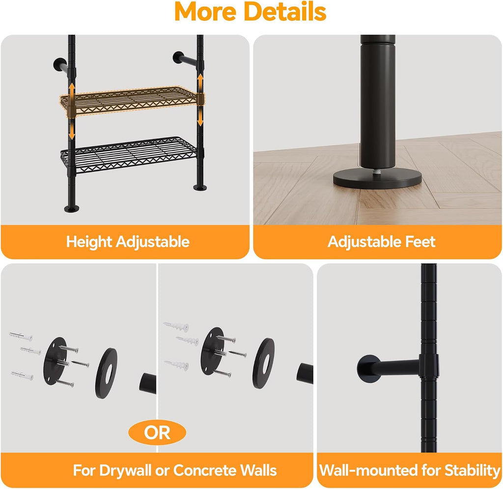 Higeego W4 Industrial Pipe Clothing Rack Wall Mounted Closet System Expandable Clothes Rack for Hanging Clothes, Heavy Duty Garment Rack Adjustable for Walk in Closet, Black