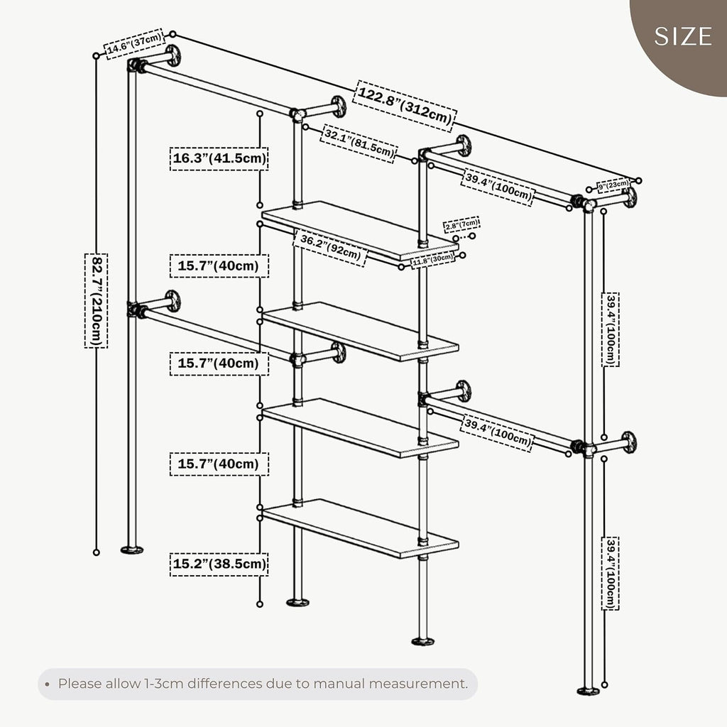Industrial Pipe Clothing Rack Wall Mounted, DIY Custom Closet System with Shelves, Heavy Duty Garment Hanging Rack for Walk in Closet, Laundry Room, Retail Display, 14.6x122.8x82.7 in, Y05