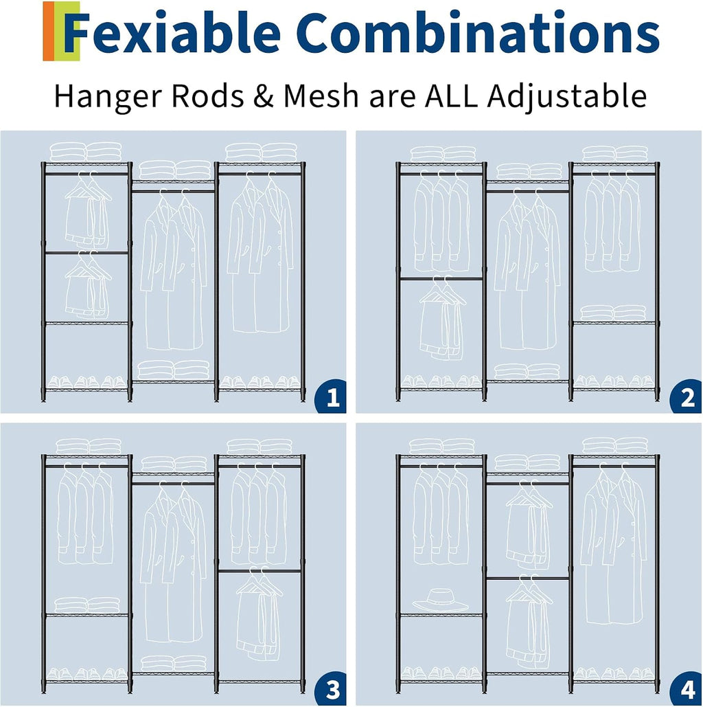 Heavy-Duty Garment Rack with a 1631 lbs Load Capacity, Portable Closet Organizer, Free-Standing Storage Solution Featuring Adjustable Shelves, Hanging Rods, and Dividable Sections, Black