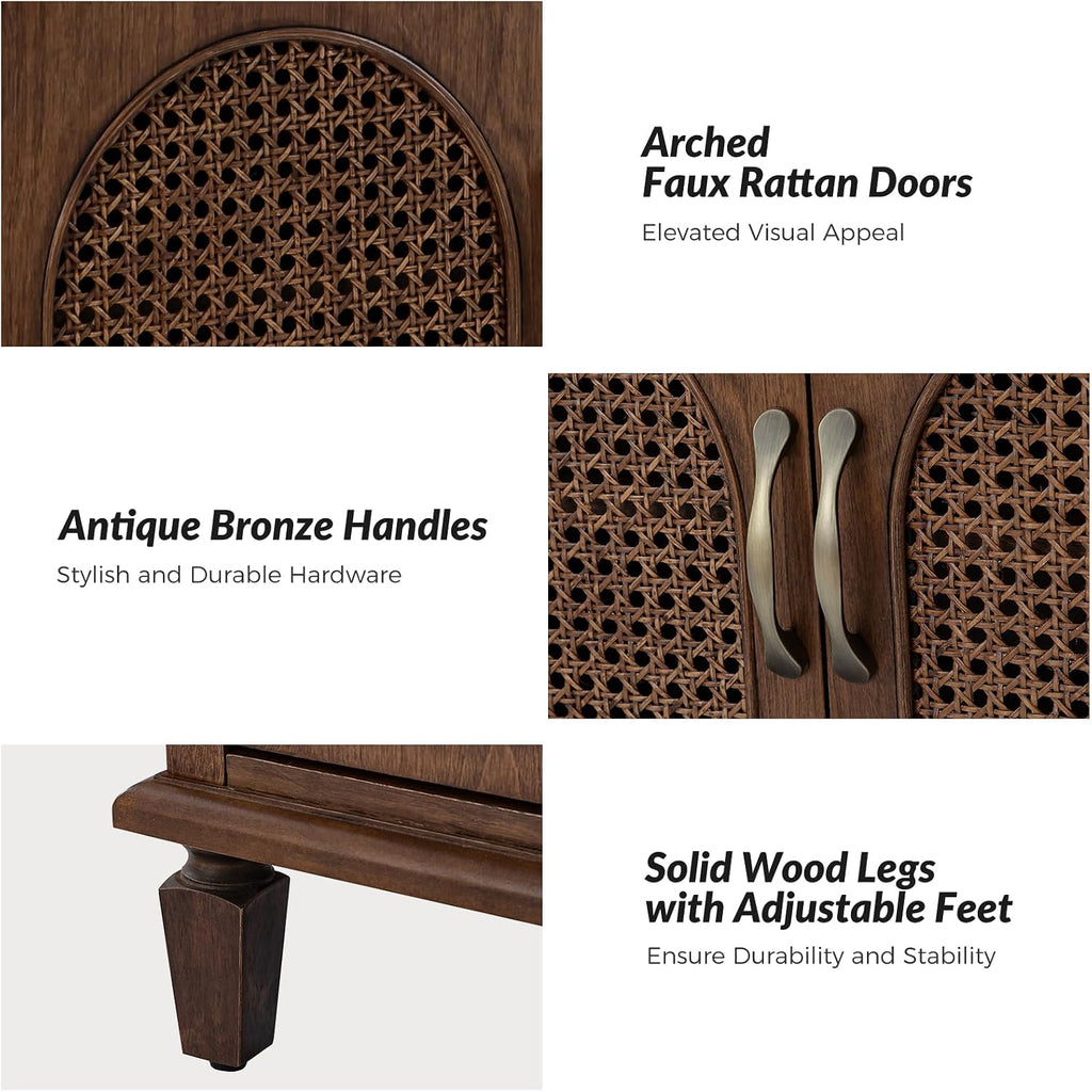 HULALA HOME End Table with Doors and Drawer, Traditional Side Table with Solid Wood Legs, Adjustable Shelf, Charging Station, Walnut