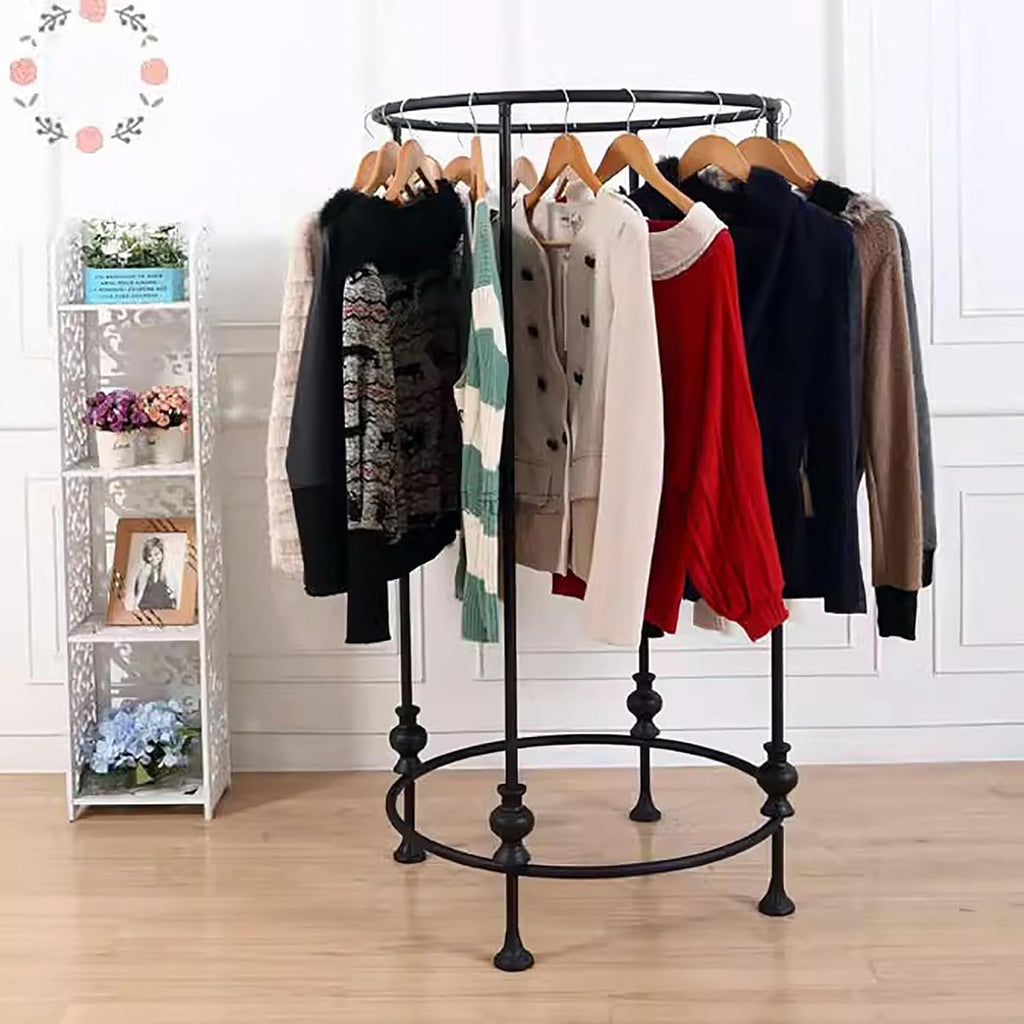 Freestanding Metal Clothes Rack,Round Clothing Rack,heavy-duty Garment Rack,retail clothing rack round clothes rack Clothes Store Bedroom Multi-purpose Hanging Rod Shelf(27.5'W x 51.5'H, Black)