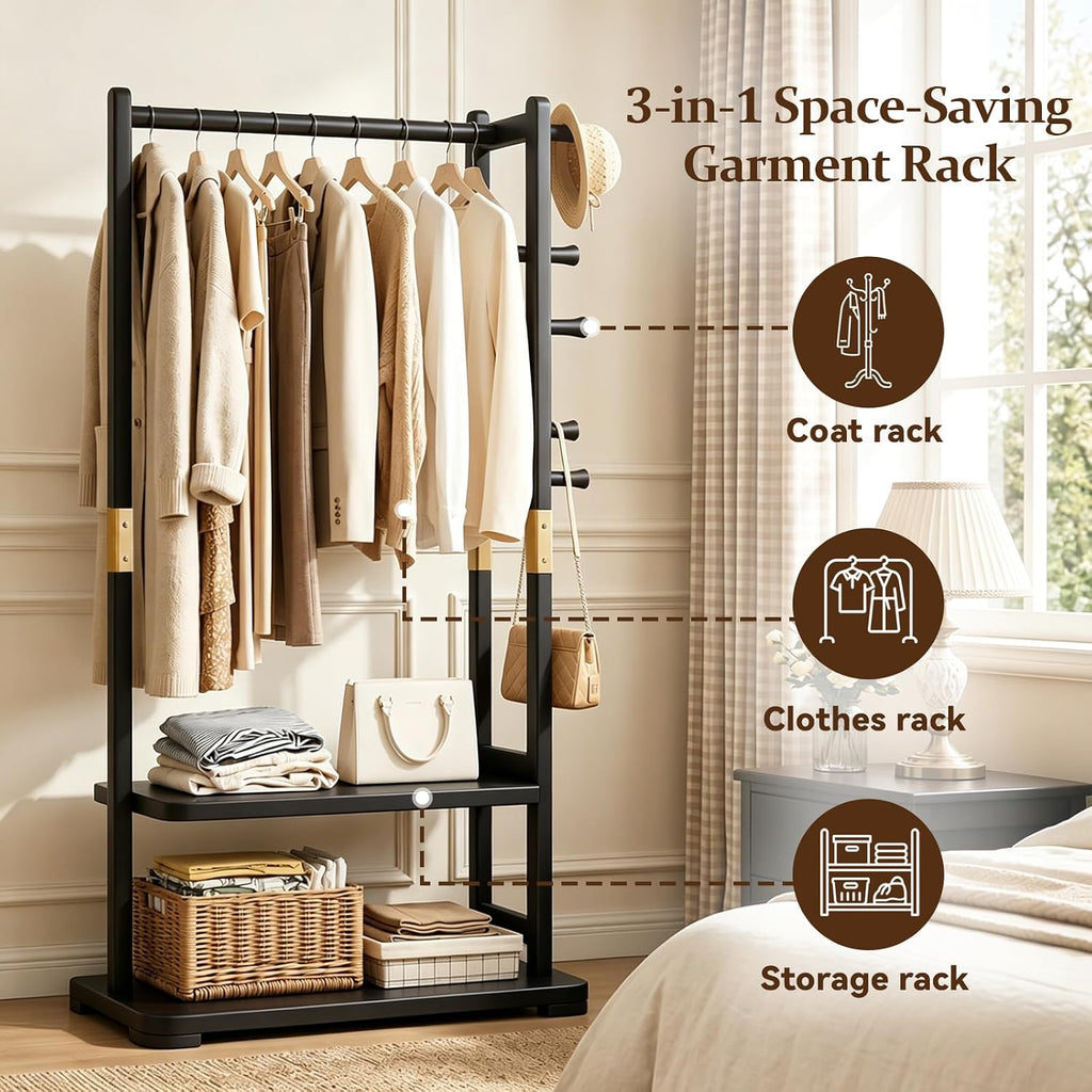 Solid Wood Clothes Rack with 2 Shelves & 4 Hooks for Hanging Clothes Garment Wallets Hats, Black Clothing Rack Heavy Duty Coat Rack Freestanding with Storage Hall Tree for Hallway Bedroom Living Room