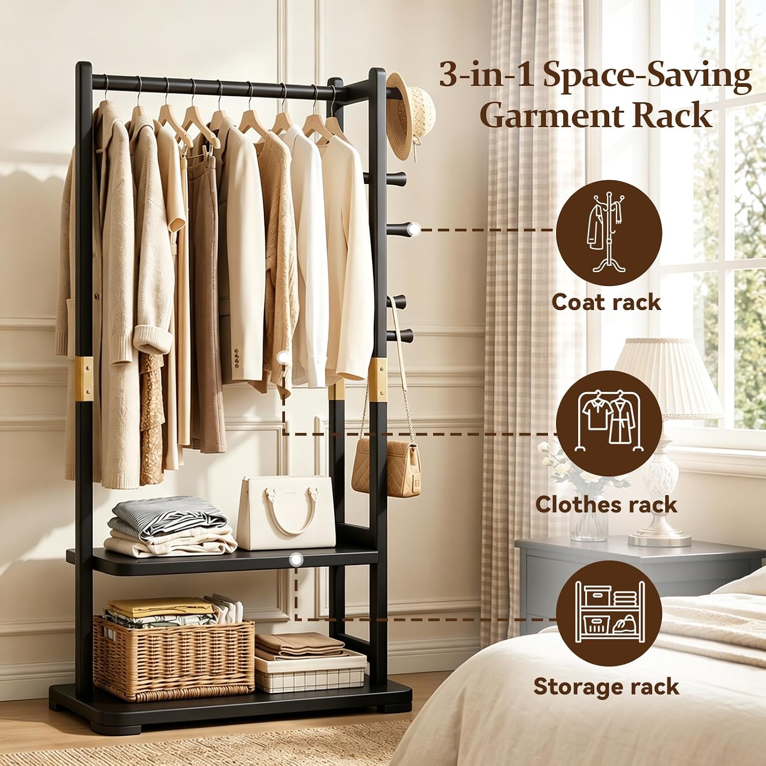 Solid Wood Clothes Rack with 2 Shelves & 4 Hooks for Hanging Clothes Garment Wallets Hats, Black Clothing Rack Heavy Duty Coat Rack Freestanding with Storage Hall Tree for Hallway Bedroom Living Room