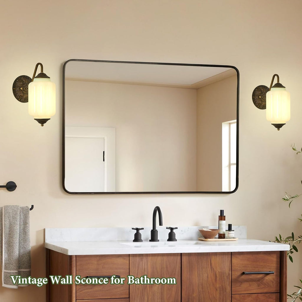 Vintage Milk Glass Wall Sconce - Set of 2 Green Dimmable Wall Mount Lighting with Bulbs - Antique Brass Gold Sconces - Mid Century Vanity Light Fixture for Bathroom Bedroom Living Room Hallway Decor