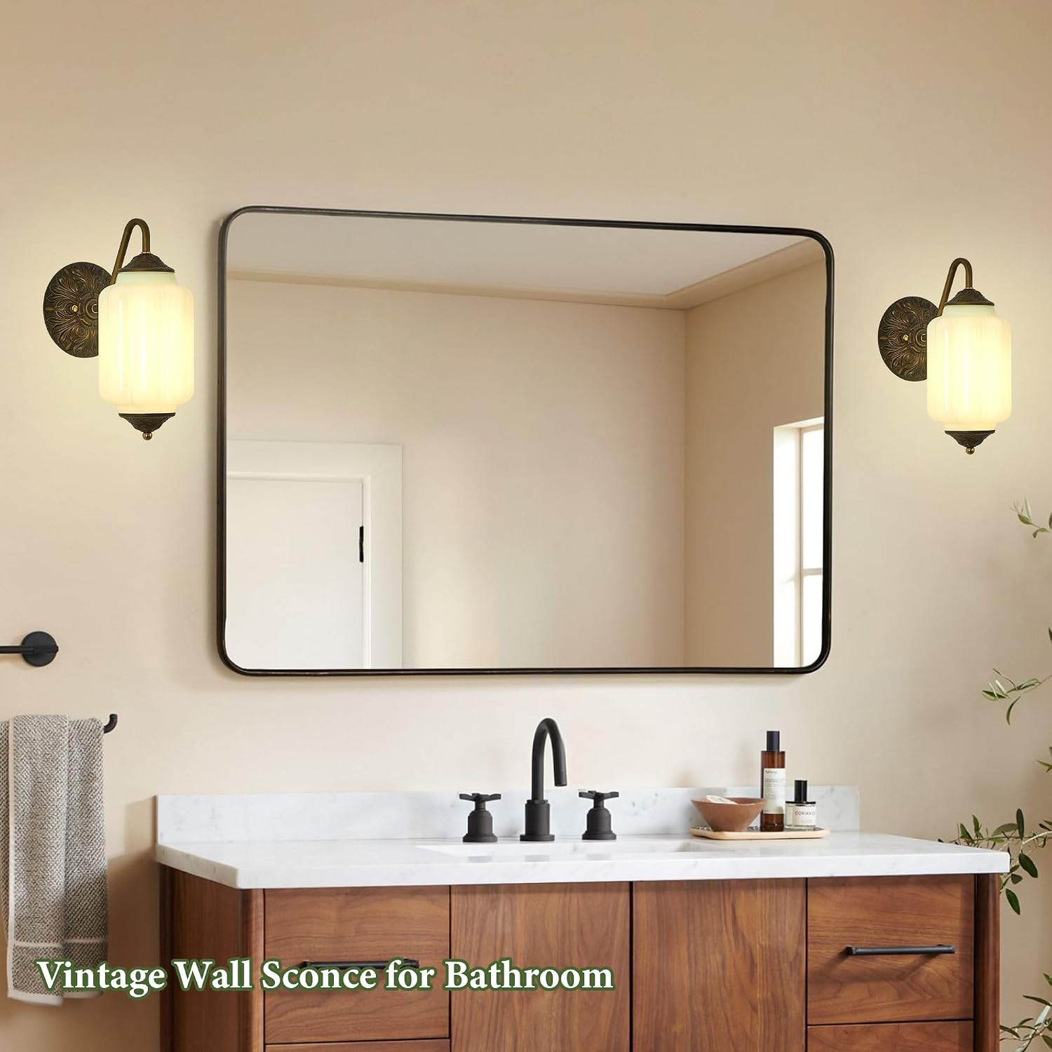 Vintage Milk Glass Wall Sconce - Set of 2 Green Dimmable Wall Mount Lighting with Bulbs - Antique Brass Gold Sconces - Mid Century Vanity Light Fixture for Bathroom Bedroom Living Room Hallway Decor