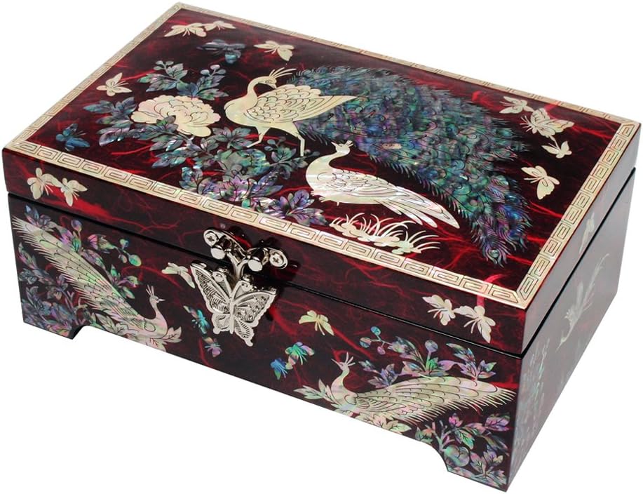 Antique Alive Mother of Pearl Inlay Design Jewelry Box, Wood Jewelry Box, Trinket Case, Keepsake Treasure Chest Box Organizer Holder (Peacock)