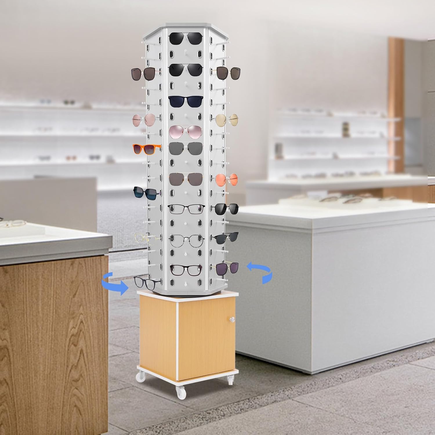 102 Capacity Eyeglass Display Stand 360° Rotating Sunglasses Rack Organizer Holder with Base Square Freestanding Countertop Spinner for Retail Boutique, Hexagon (Sliver, Yellow, 102 Pairs)