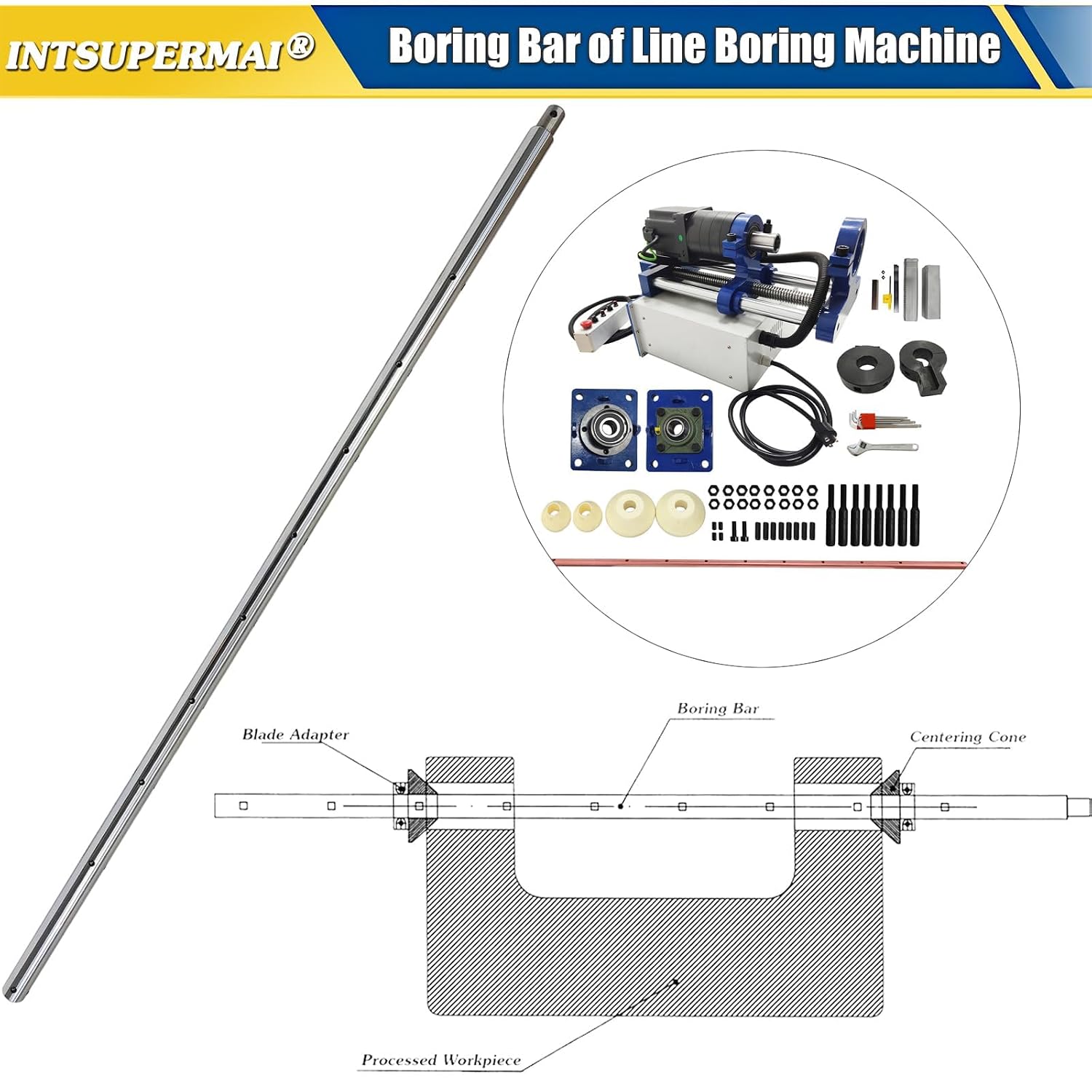 INTSUPERMAI Boring Bar of Portable Line Boring Machine Hole Drilling Machine 50x1600mm/1.97x63in Line Bore Bar Alloy Steel Material for Metal with Compact Design