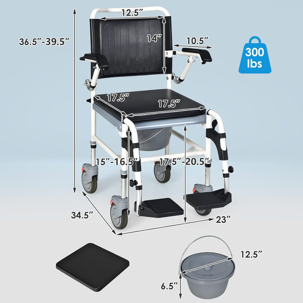 GYMAX 4-in-1 Bedside Commode, Shower Chair with Lockable Wheels, Height Adjustable Rolling Toilet Chair with Detachable Bucket, Portable Handicap Transport Wheelchair for Adult, Disabled, Elderly