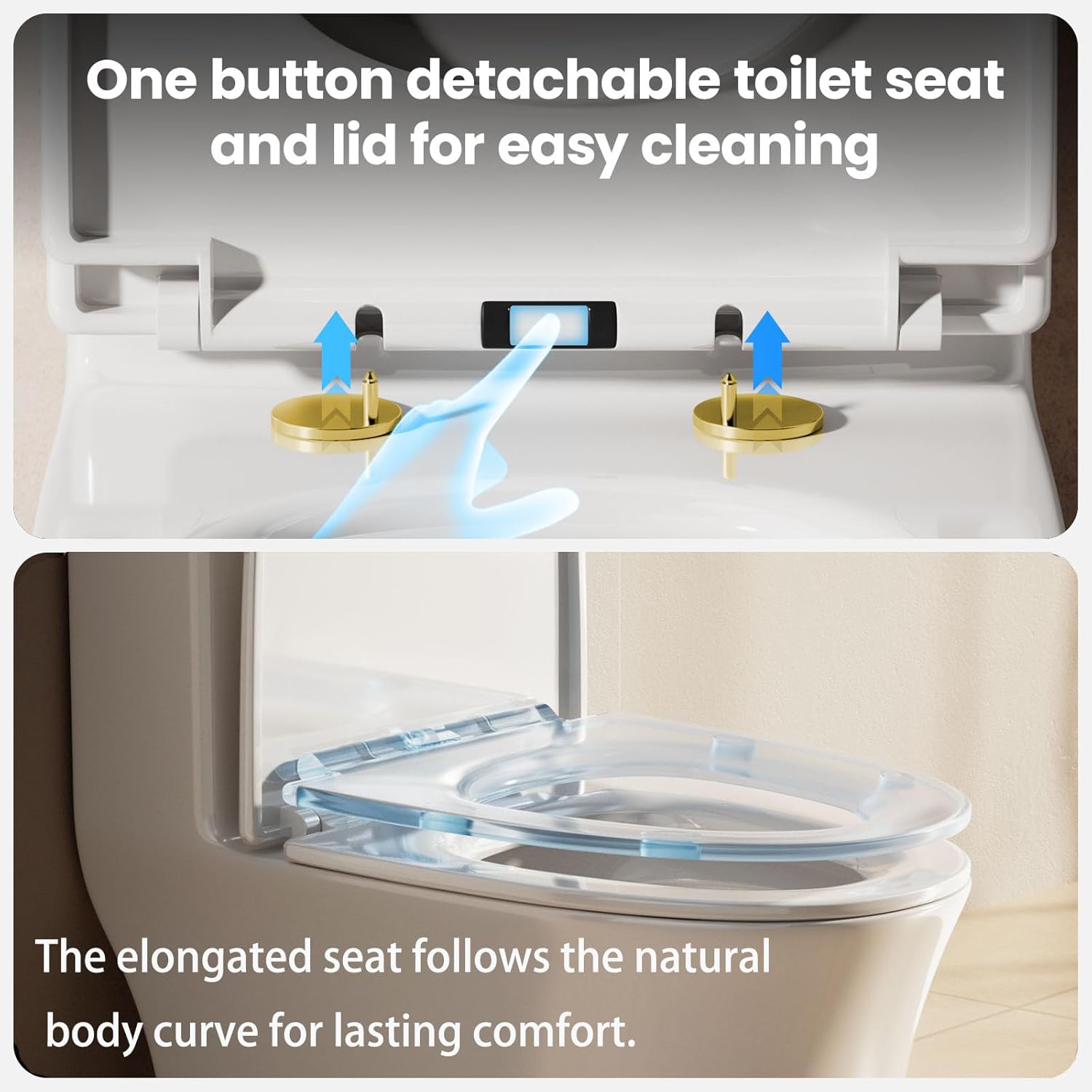 One Piece Sleek Modern Toilet, 17' ADA Comfort Chair Height Seat, Dual Flush 0.9/1.28 GPF, MAP 1000g, 12' Rough-In, Compact Fully Skirted Round Toilet for Bathrooms, Gold Button
