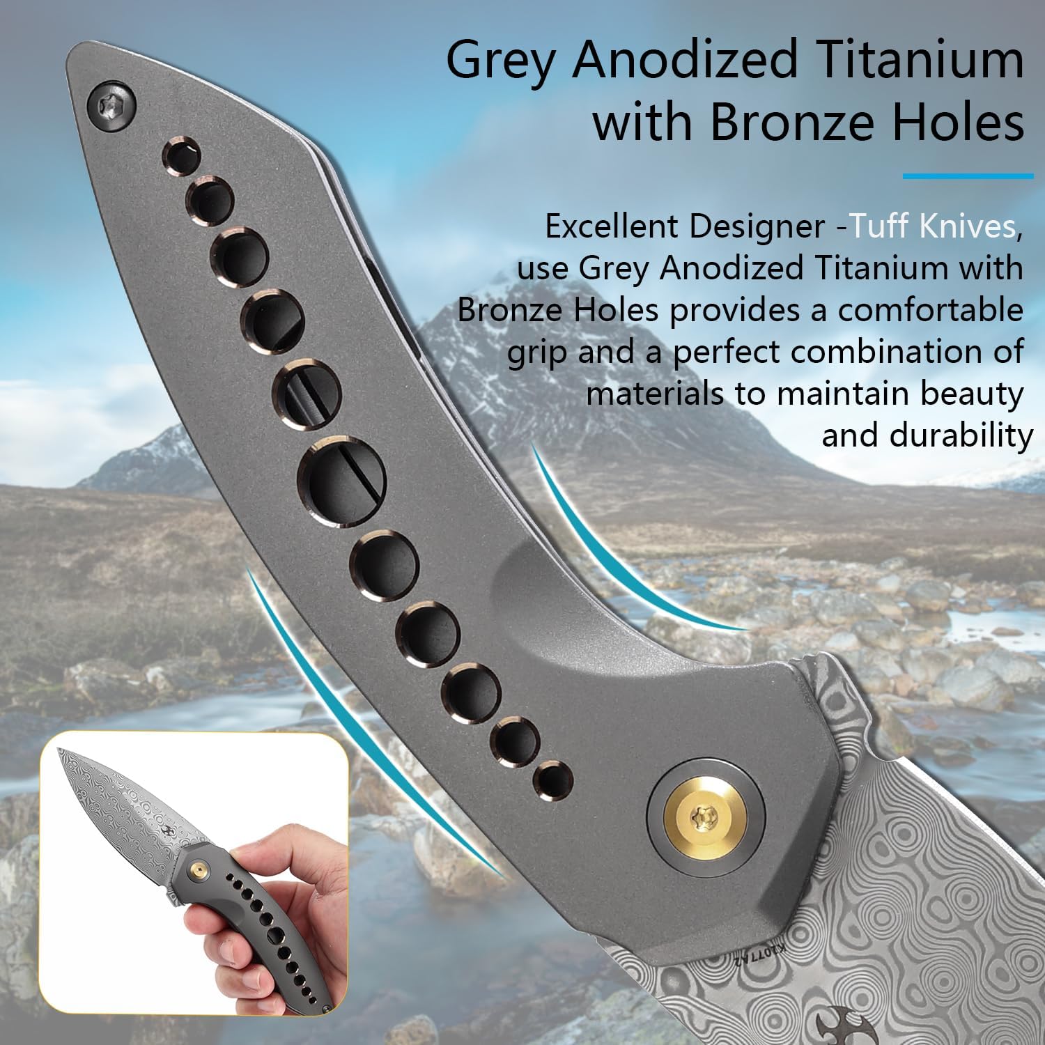 KANSEPT ODD 21 Pocket Folding Knives for Camping Hiking Folding Knife 3.06'' Damascus Blade EDC Knife with Grey Anodized Titanium with Bronze Holes Handle for Men and Women Everyday Carry K1077A2