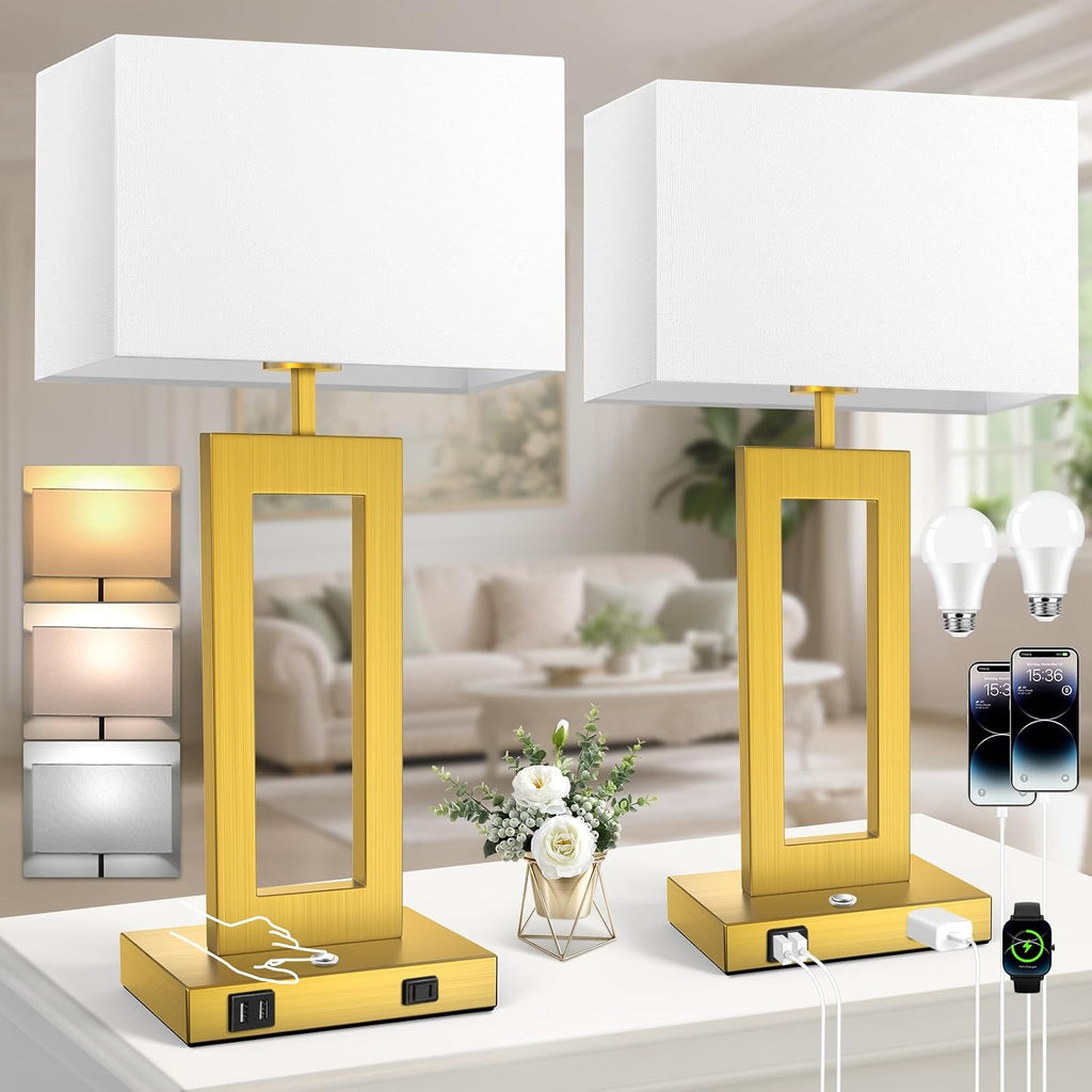 Table Lamps for Bedrooms Set of 2, 27.2'' Super Tall Modern Gold Lamps for Living Room Nightstand End Tables, Button Touch Control Bedside Lamps with 2 USB Ports, 3 Color Temp. E26 Bulbs Included