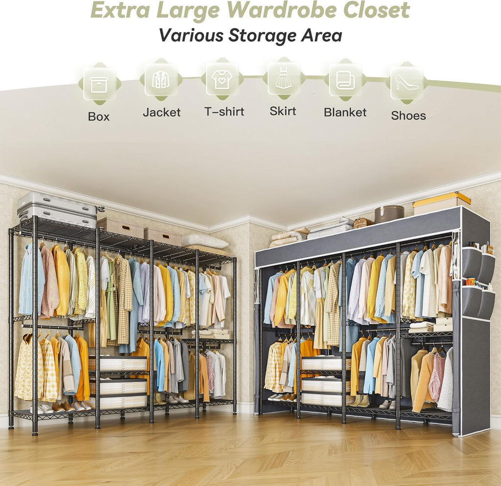 Raybee Clothes Rack with Cover,Clothing Rack for Hanging Clothes,Portable Closet,Adjustable,1150LBS,18' D x 76' W x 77' H,Black