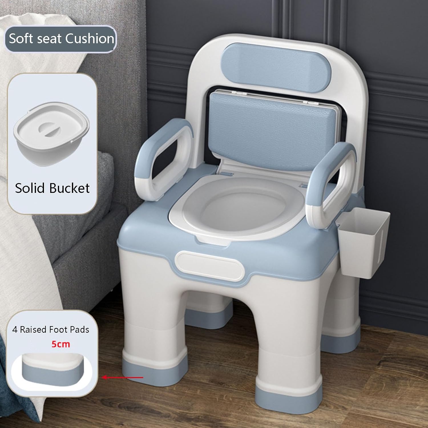 Raised Toilet Seat with Handles, Elevated Handicap Toilet Seat Riser for Seniors with Soft Padded, Height Adjustable, Stand Alone Toilet Safety Frame, Fit Any Toilet, Blue, PP Material