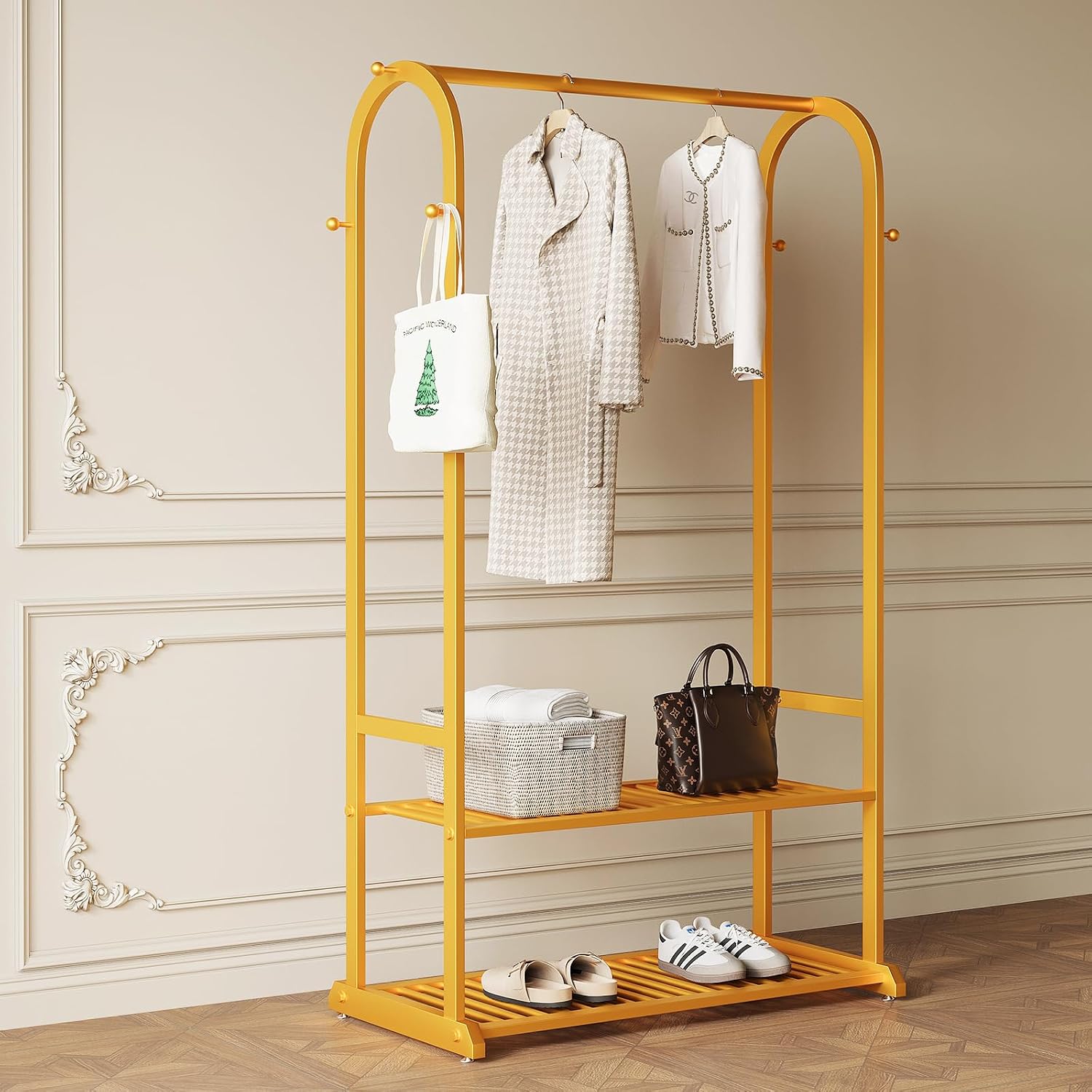 Gold Clothing Rack for Hanging Clothes,Sturdy metal clothes rack,Modern Garment Rack with Bottom Storage Shelves and 6 Side Hooks, Freestanding Wardrobe Rack for Bedroom or Closet