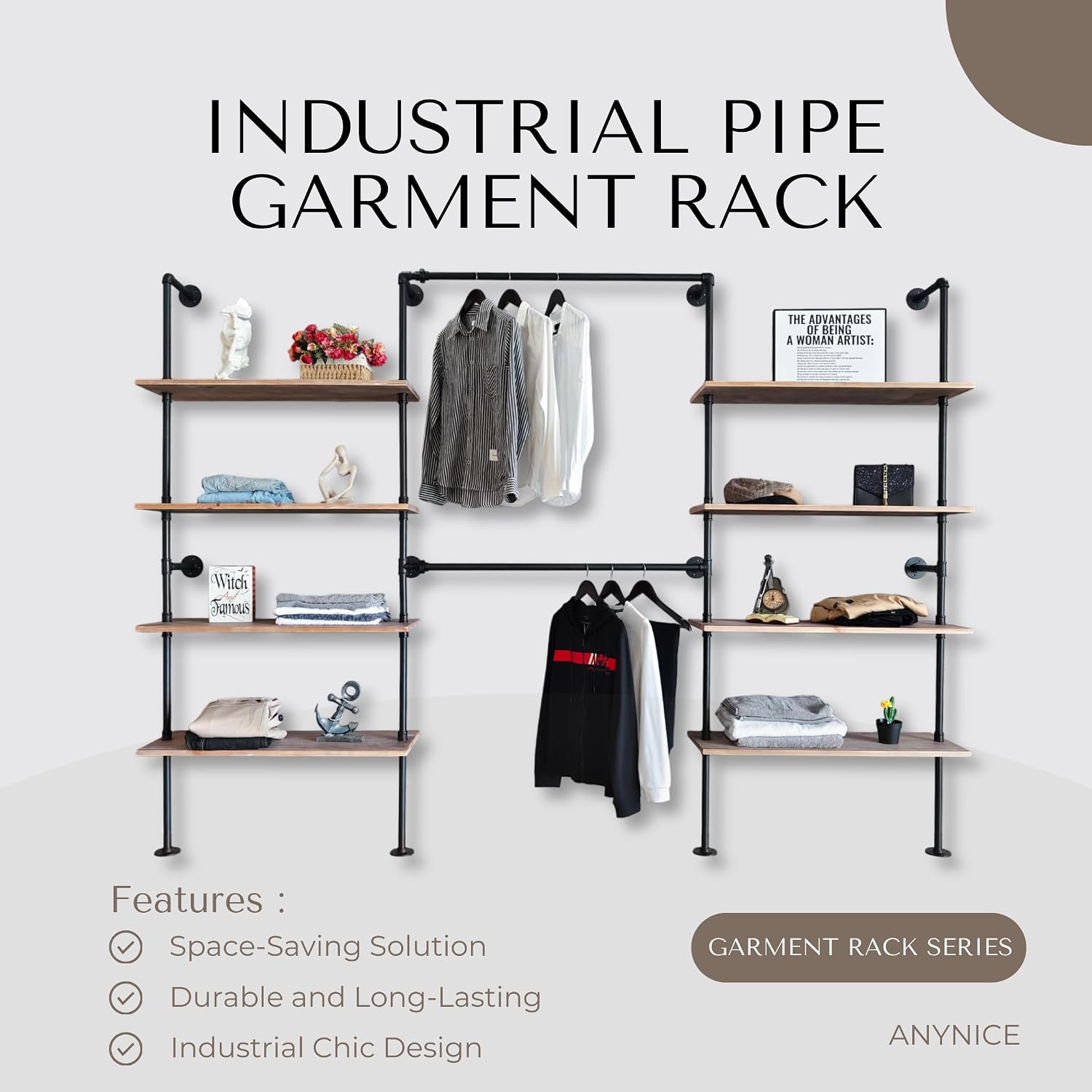 Industrial Pipe Clothing Rack Wall Mounted, DIY Custom Closet System with Shelves, Heavy Duty Garment Hanging Rack for Walk in Closet, Laundry Room, Retail Display, 14.6 x 112.6 x 82.7 in, Y03