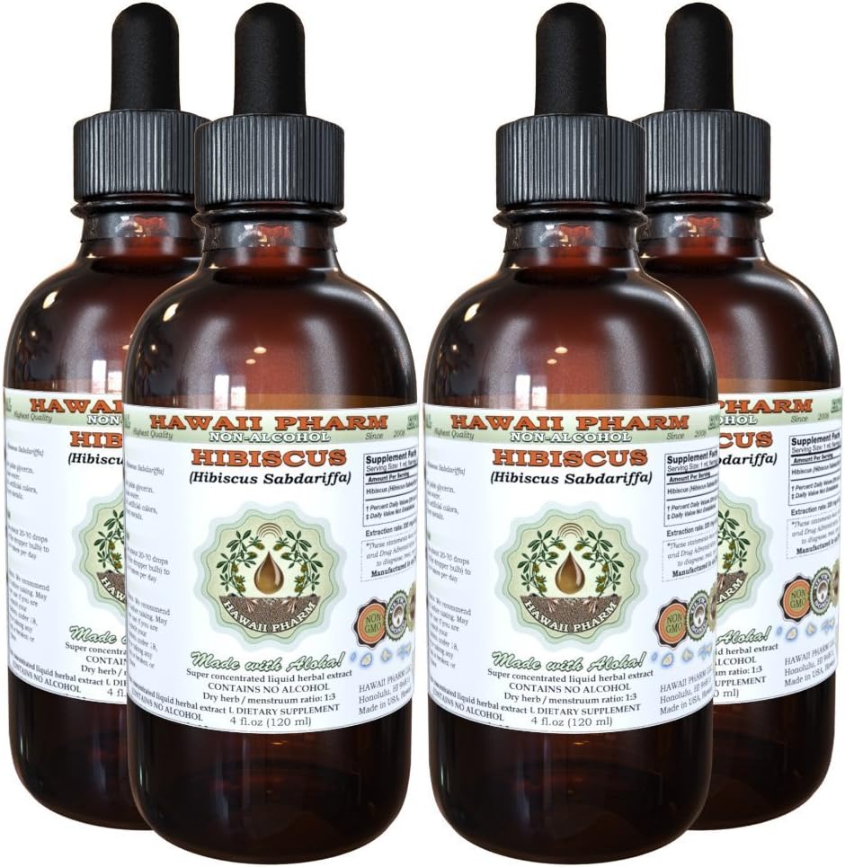 Hibiscus Alcohol-Free Liquid Extract, Hibiscus (Hibiscus Sabdariffa) Dried Flower Glycerite Hawaii Pharm Natural Herbal Supplement 4x4 oz