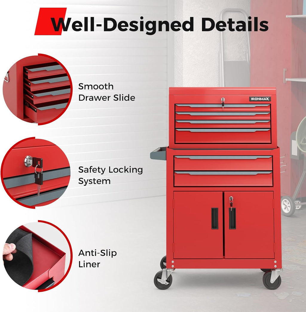 Goplus Tool Chest, 6 Drawers Extra Large Rolling Too Storage Cabinet with 4' Universal Lockable Wheels, Auto Lock, Protective Liner, 2-in-1 Heavy Duty Tool Box for Garage, Workshop