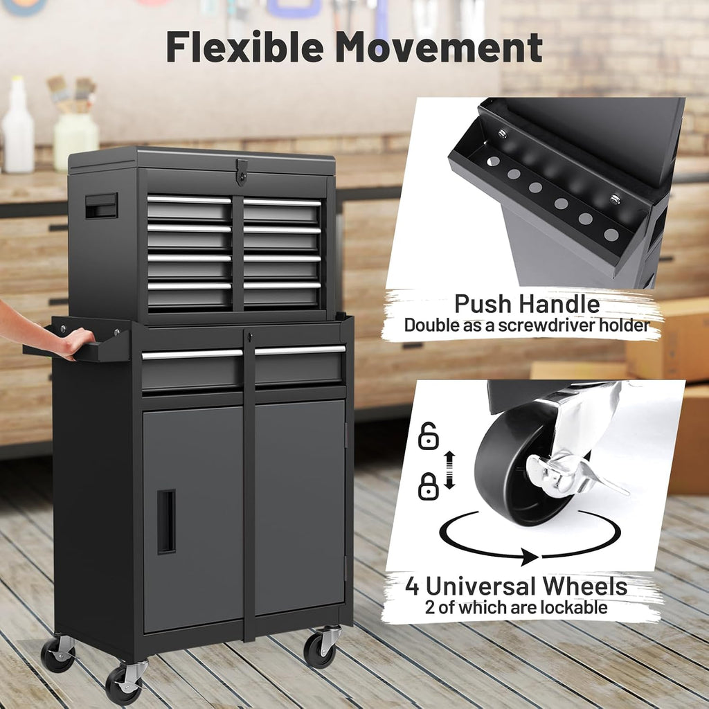 IRONMAX 5-Drawer Rolling Tool Chest, 2-in-1 Detachable Heavy Duty Tool Box Storage Cabinet with Auto Lock, Adjustable Shelf & Hooks, Metal Toolbox on Wheels for Garage Workshop (Grey)