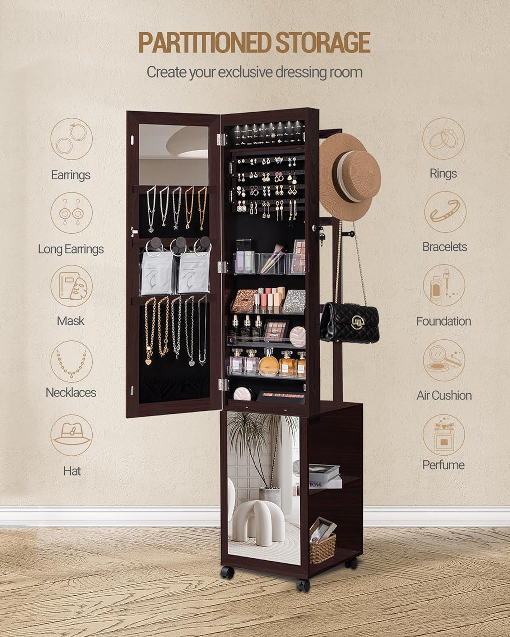 Hzuaneri 8 LEDs Jewelry Cabinet Armoire, 66.9-inch Jewelry Organizer with Garment Rack, Lockable Full-length Mirror with 4 Wheels, Storage Shelves with Hooks, 5-in-1, Brown JC17019B