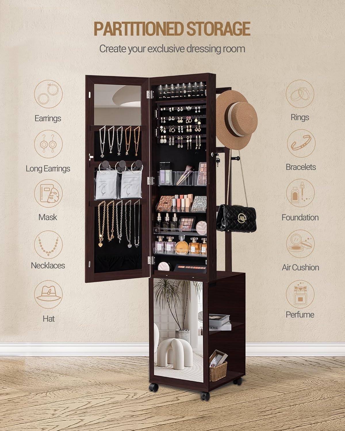 Hzuaneri 8 LEDs Jewelry Cabinet Armoire, 66.9-inch Jewelry Organizer with Garment Rack, Lockable Full-length Mirror with 4 Wheels, Storage Shelves with Hooks, 5-in-1, Brown JC17019B