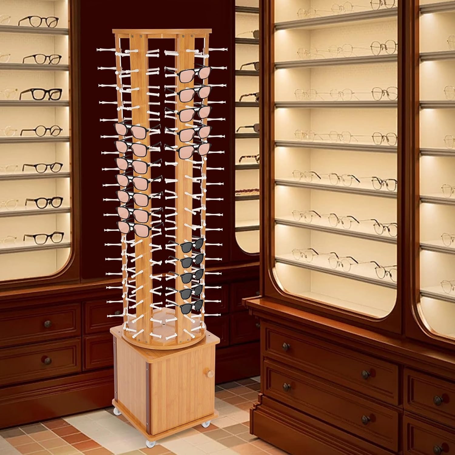 108 Pairs Glasses Sunglasses Display Stand, 360° Rotating Glasses Storage Display Rack with Cabinet, Floor Sunglasses Display Rack with Wheels, 66.14in Height with Wheels (Wood Color)
