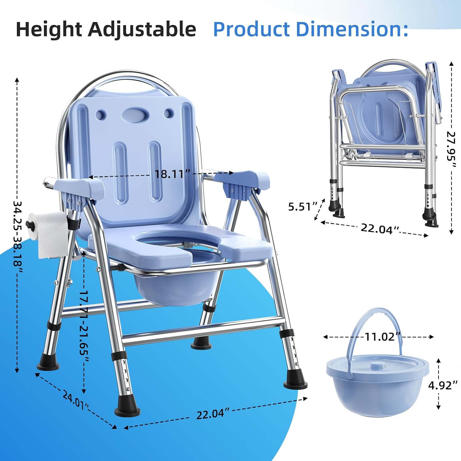 4 in 1 Folding Bedside Commode Chair for Elderly with Arms and Back,Adjustable Height Raised Toilet Seat with Handles,Adults Potty Chair for Seniors,Disabled,Holds Up to 350 lb (ABS Plastic Seat)