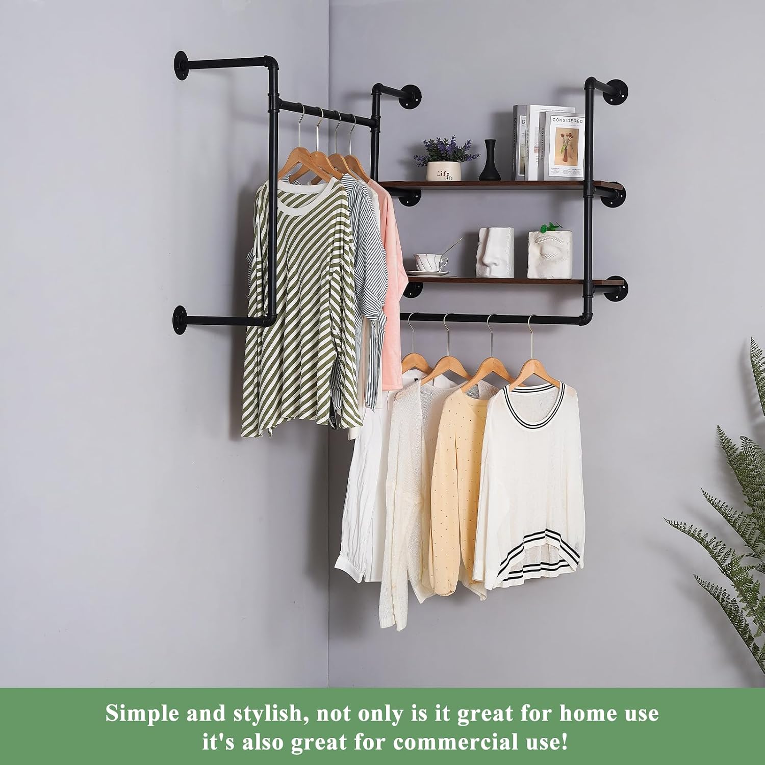 Industrial Pipe Wall-Mounted Clothing Rack with 2 Wood Shelves - Heavy Duty Double Rod Metal Garment Organizer for Bedroom/Retail Stores, Black (30H×12.5D×59W inch)