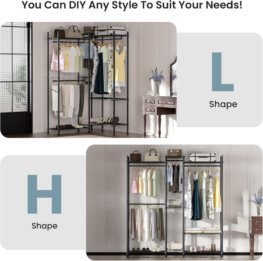 Garment Rack Heavy Duty Clothes Rack Adjustable Freestanding Metal Portable Wardrobe Closet Rack with Shelves for Hanging Clothes - 72' L x 14' W x 75' H, Black