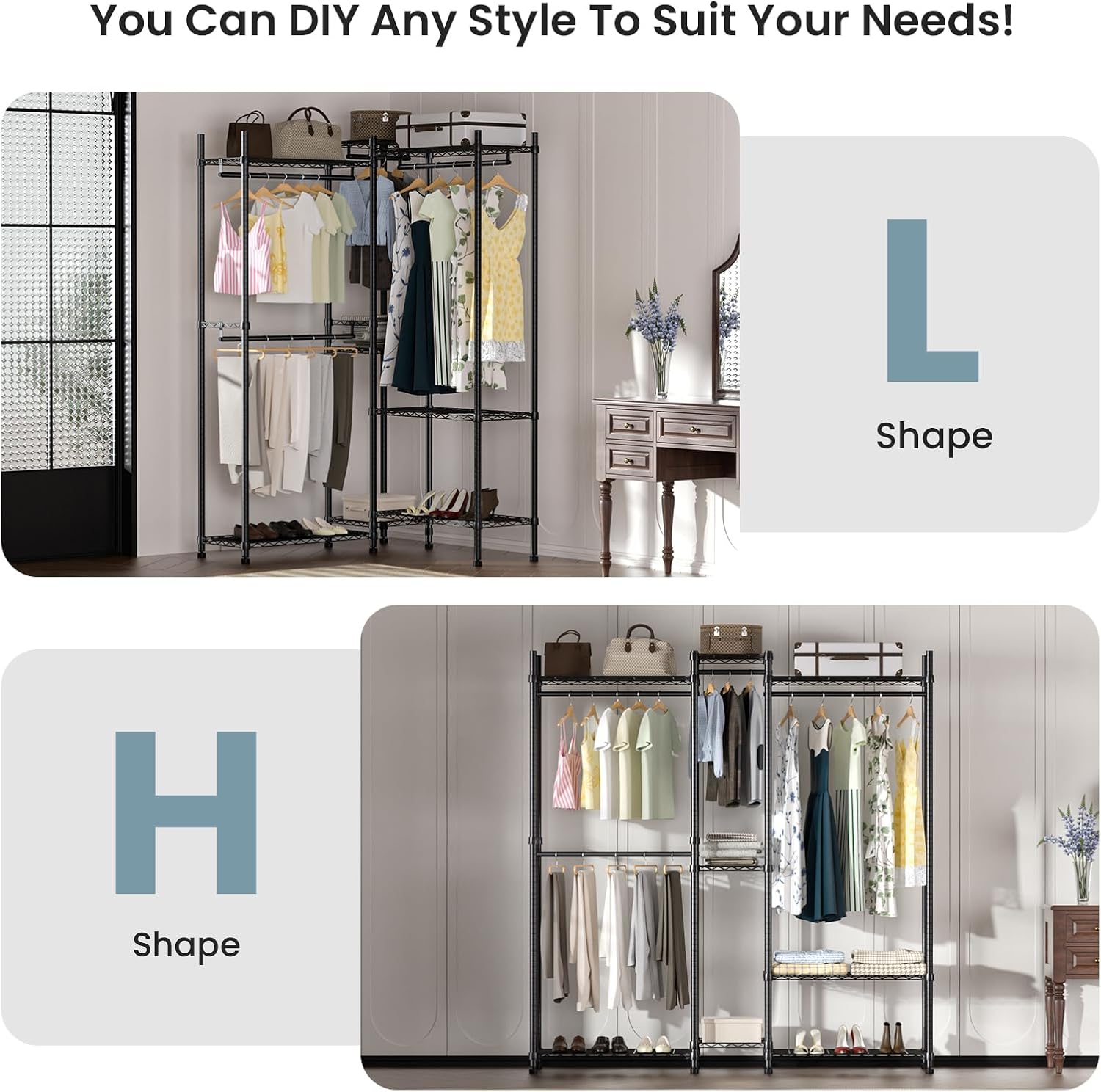Garment Rack Heavy Duty Clothes Rack Adjustable Freestanding Metal Portable Wardrobe Closet Rack with Shelves for Hanging Clothes - 72' L x 14' W x 75' H, Black