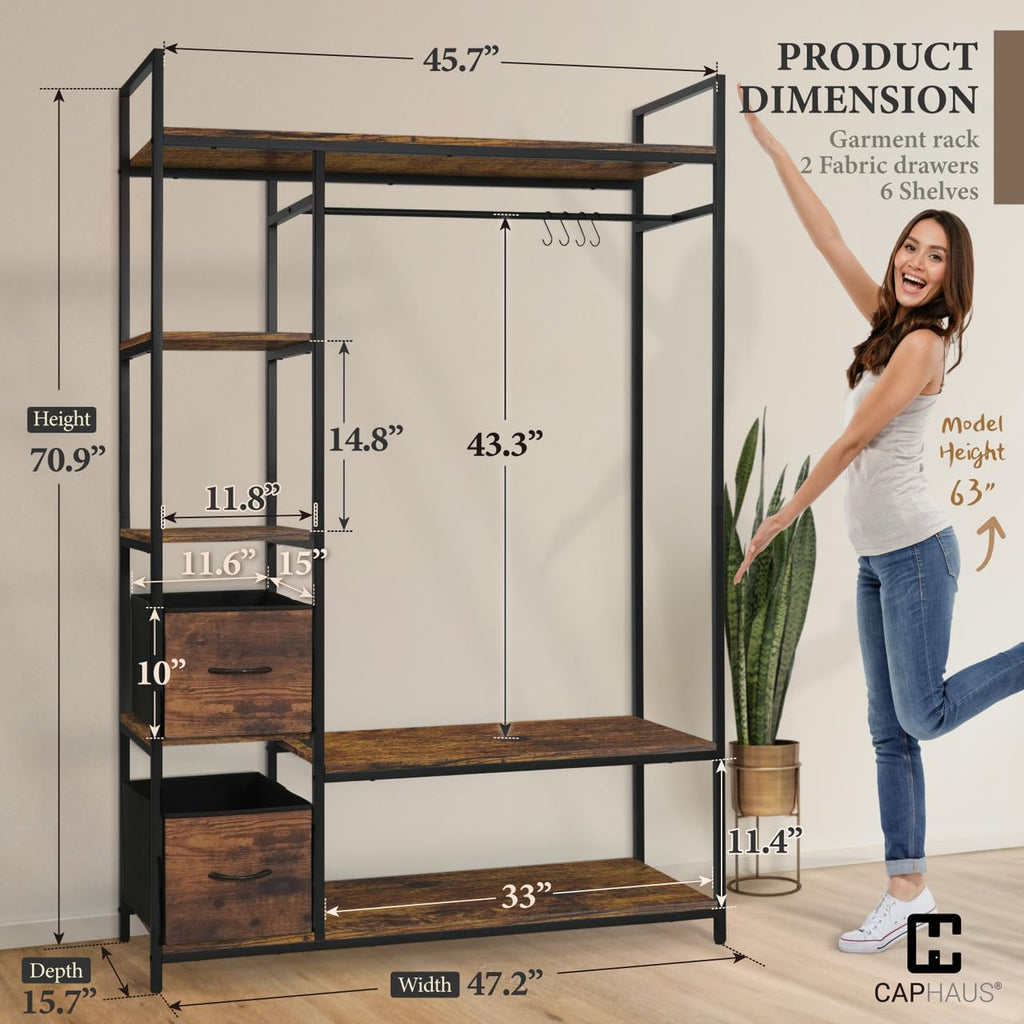 CAPHAUS 979lbs Capacity Garment Rack for Hanging Clothes, Heavy Duty Open Wardrobe w/Hanging Rods & Fabric Drawers, Free Standing Closet Organizer, Metal Closet Rack w/Rustic Oak Wooden Shelves