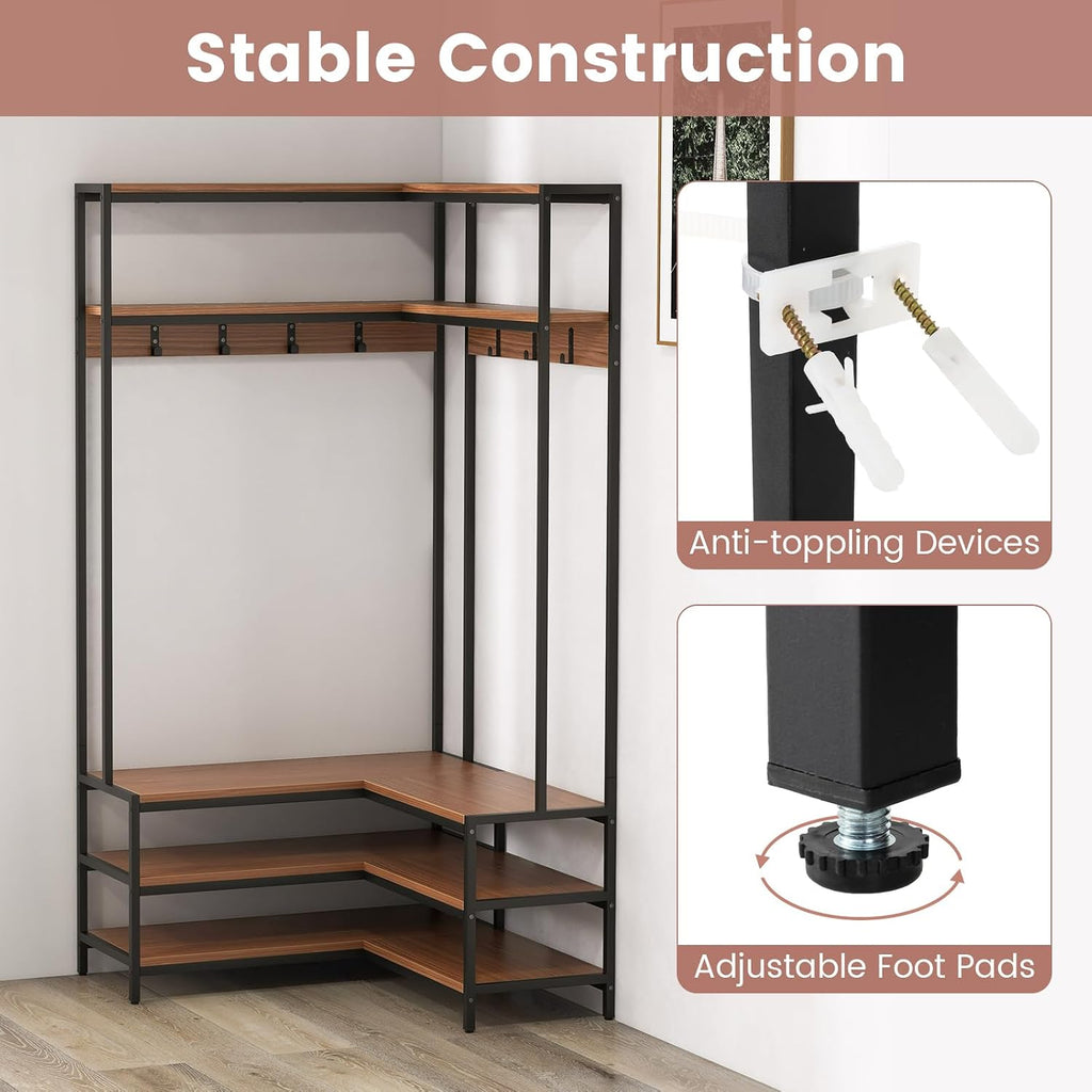 Giantex Corner Coat Rack with Shoe Bench, L-Shaped Garment Rack with 5 Shelves & 7 Hooks, Heavy Duty Freestanding Clothes Racks Entryway Bench with Shoes Organizer for Hallway (Walnut & Black)