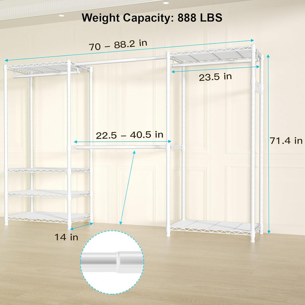 Ulif E1 Heavy Duty Closet Garment Rack, 6 Tiers Adjustable Metal Freestanding Expandable Clothing Storage with 4 Hanger Rods, Easy to Assemble Wardrobe, 71.4' H x (70' - 88.2') L x 14' D, White