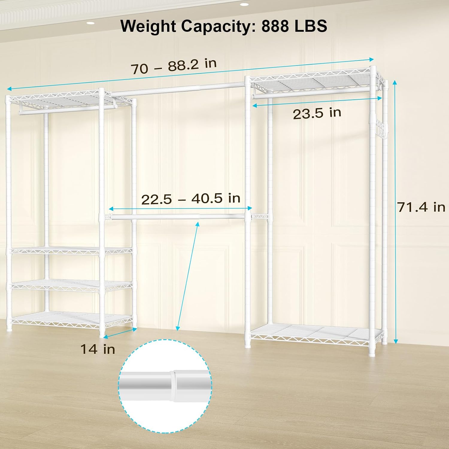 Ulif E1 Heavy Duty Closet Garment Rack, 6 Tiers Adjustable Metal Freestanding Expandable Clothing Storage with 4 Hanger Rods, Easy to Assemble Wardrobe, 71.4' H x (70' - 88.2') L x 14' D, White